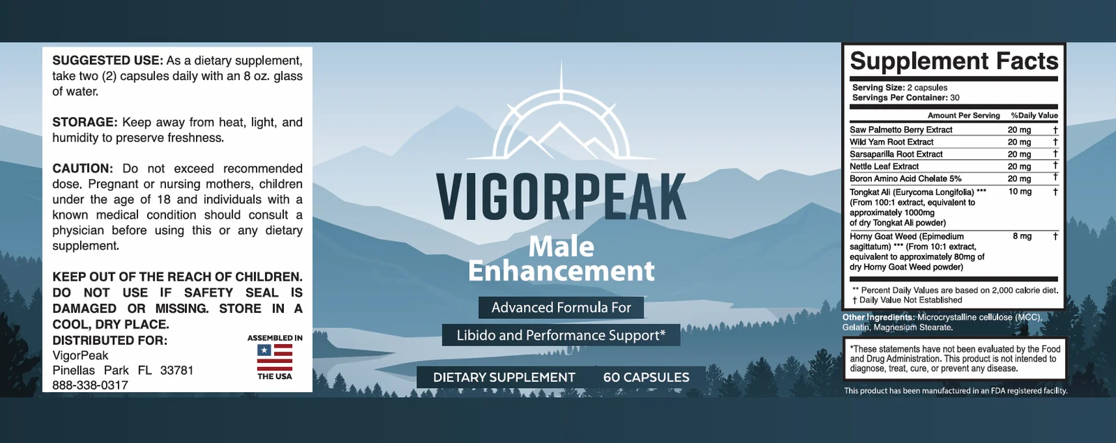 Vigor Peak Kapseln Inhaltsstoffe – Etikett mit allen 7 Wirkstoffen und Dosierungen